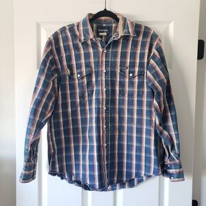 Slim Fit LRG Wrangler Mens Red White Blue Denim Plaid Button Up Western Shirt